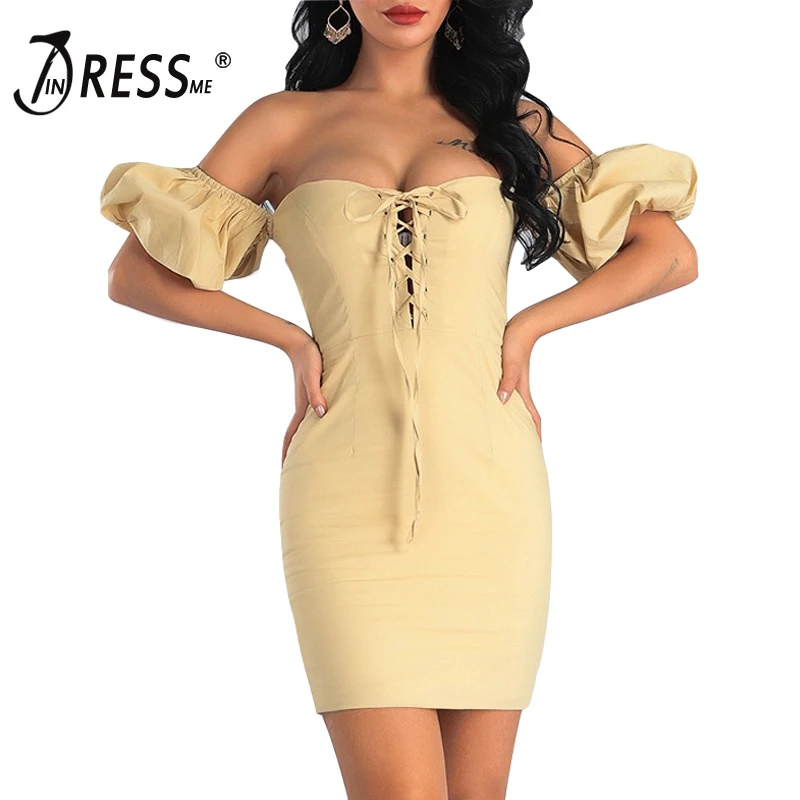 INDRESSME Новинка года с открытыми плечами короткие пышными рукавами кос Bodycon V средства ухода за кожей шеи кружево до для женщин знаменитости вечерние