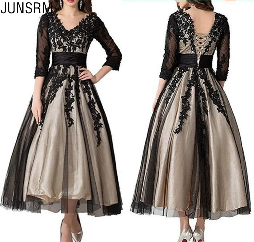

New Arrival 3/4 Long Sleeve Black Lace Mother of the Bride Dress Ankle Length V Neck Lining Wedding Guest Dress Special Occasion