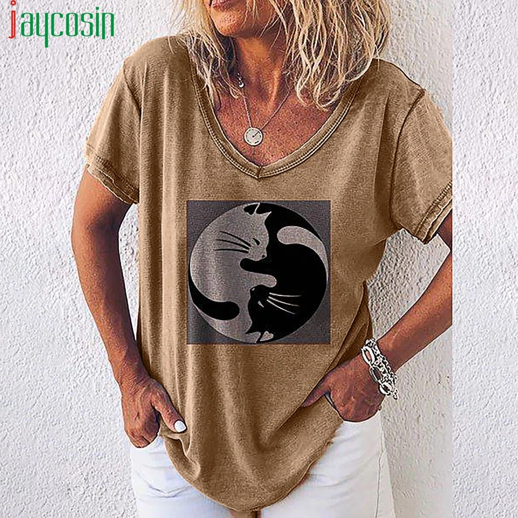 Summer Women's T-Shirt Short Sleeve Loose Cat Print Casual V-neck Tops Running Sports tshirts Ladies Comfort Plus Size Beach Top | Женская