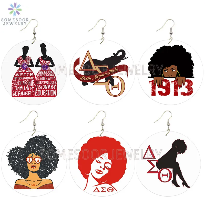

SOMESOOR Delta Sigma Theta AKA Sorority Wood Drop Earrings Zeta Phi Beta Afro Hair Black Queen Roots Printed Women Loops Jewelry