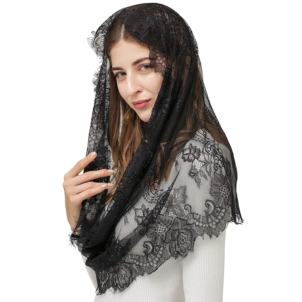 

Women Vintage Infinity Scarf Lady Mantilla Lace Catholic Elegant Church Veil Head Covering Latin Mass Wedding Bridal Shawl Black