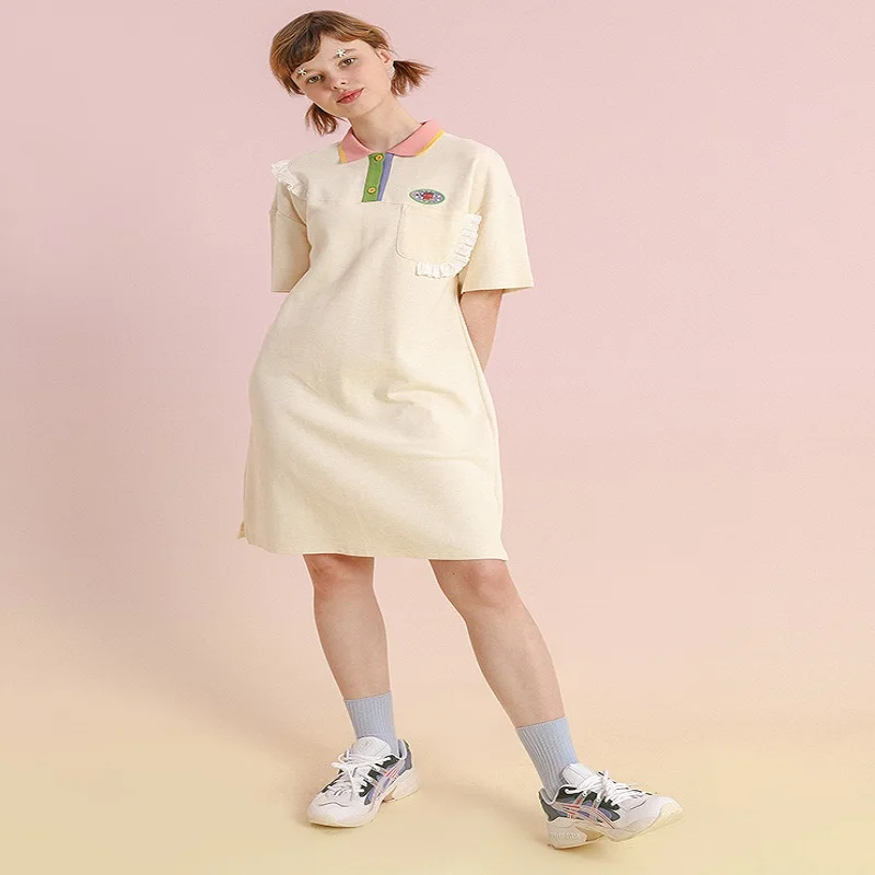 2020 Summer New Loose Polo Collar Short-sleeved Dress College Style A-line Skirt Sweet And Fresh Dresses Women | Женская одежда