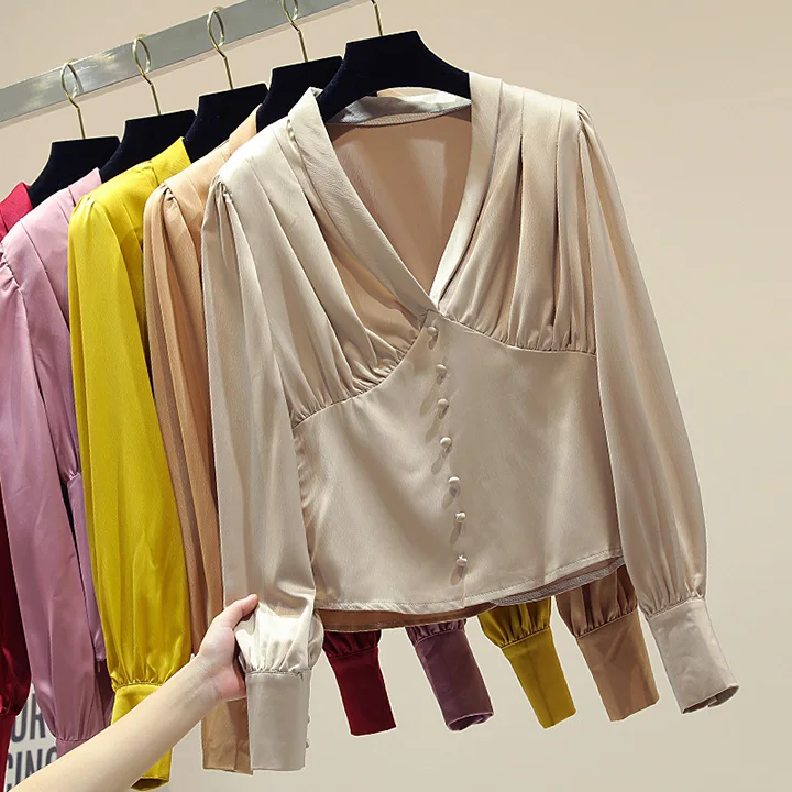 Высококачественная женская изящная рубашка с v-образным вырезом и рукавом-фонариком, элегантные женские топы, осенняя атласная блузка, сорочка Blusa Mujer, бренд