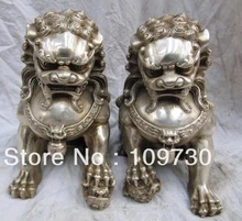Envío Gratis <8 chino clásico bronce chapado en plata León fu foo perro guardián estatua fengshui(China)