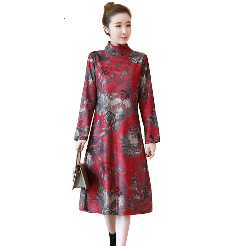 

Vintage Ethnic dress women Herf Winter Loss large size print Long dress Coltrui thick mid -calf Vestido female YM1181
