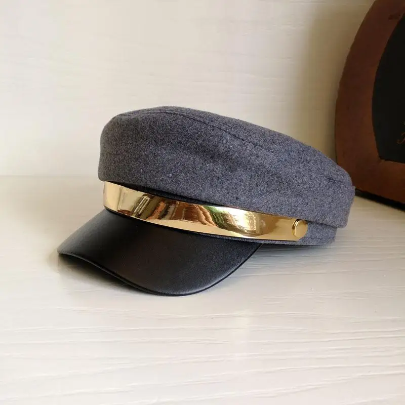 Женские шапки в стиле милитари с металлическим поясом, темно-синие британские шерстяные Восьмиугольные осенне-зимние фирменные уличные береты, роскошная модная шляпа с козырьком - Цвет: Серый