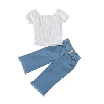 

Girl’s Summer Suits, White Striped Pleated Square-Neck Short-Sleeves Top + Light Blue High-Waist Wide-Leg Jeans Summer Outfits