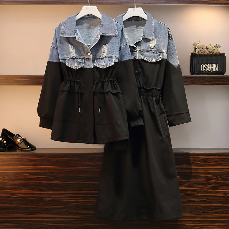 lower price  4XL autumn new fashion long hole denim stitching windbreaker jacket