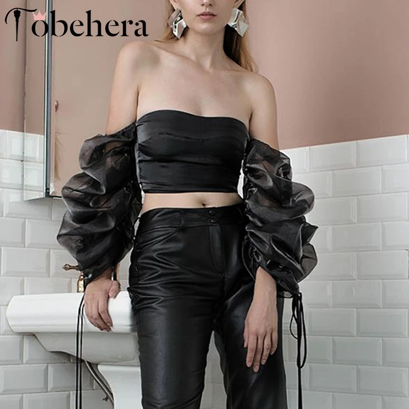 Glamaker сетчатый лоскутный черный укороченный Топ для женщин прозрачный на шнуровке с пышными рукавами сексуальный cami зимняя уличная Элегантная Женская майка