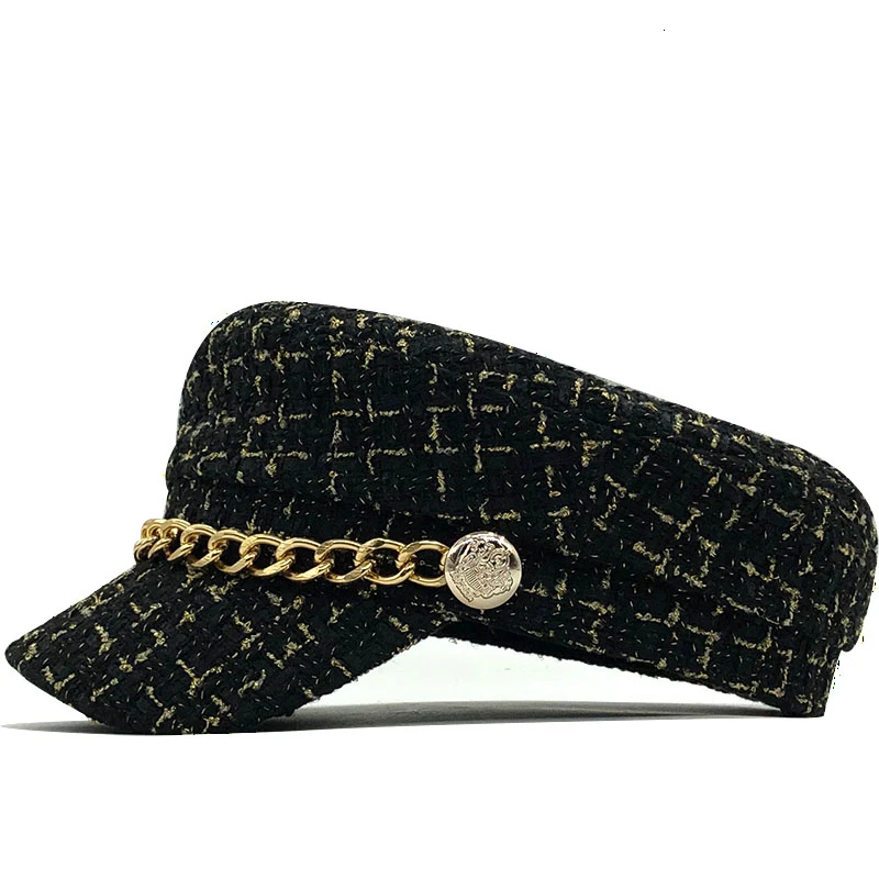 New women hats Tweed plaid newsboy caps chain flat top visor cap vintage plaid military cap female autumn winter hats