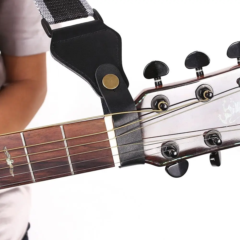 Leather Guitar Strap with Headstock Button Lock and Metal Fastener
