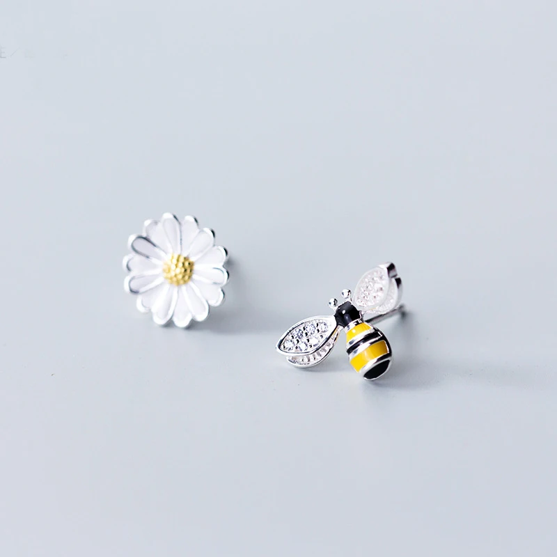 

100% Real 925 Sterling Silver Bee and Daisy Stud Earrings Cute Colorful Asymmetric Earrings for Women Girls