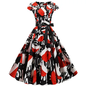 

Christmas Vintage Dress Women Robe Rockabilly Elegant Print Short Sleeve Party Dresses Casual Autumn Winter Festival Vestidos