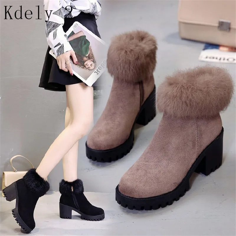 Women Ankle Winter Boots Plush Keep Warm High Heels Flock Square Heels Leisure Slip on Fashion Women Increase Short Boots