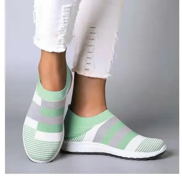 Женские кроссовки на плоской подошве; женская повседневная обувь из вулканизированной кожи размера плюс; удобная дышащая женская обувь; женская модная трикотажная эластичная обувь - Цвет: Green