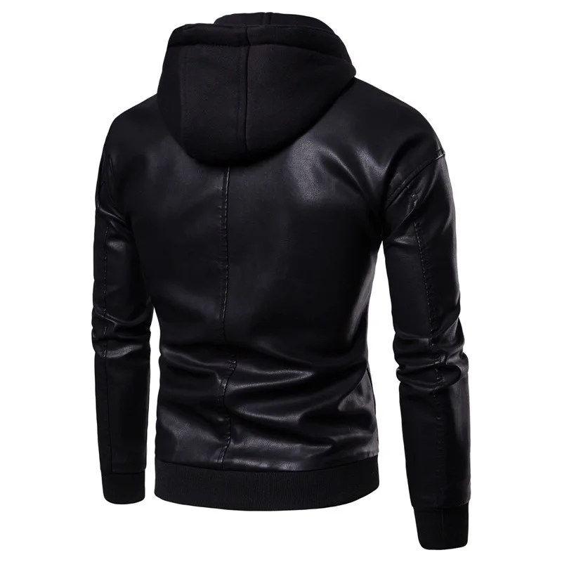 

2018 Autumn And Winter New Style Fashion Solid Color Removable Shoulder Mock Two-Piece Hooded Zipper Men Leather Jacket Jk20
