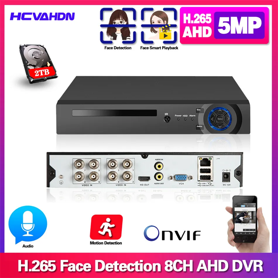 AHD Video Audio Face Detection CCTV 8CH Recorder H.265 5MP 4MP 1080P 6 in 1 Hybrid DVR XVi TVi CVI I