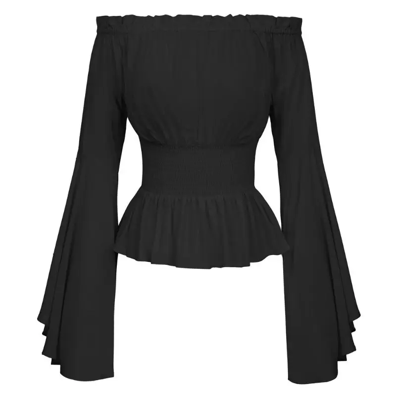 Женские ботинки в готическом стиле, стиле ренессанс блузка с расклешенными рукавами, со складками, с открытыми плечами женская блуза средневековое викторианское Косплэй костюм пират рубашка - Цвет: Черный