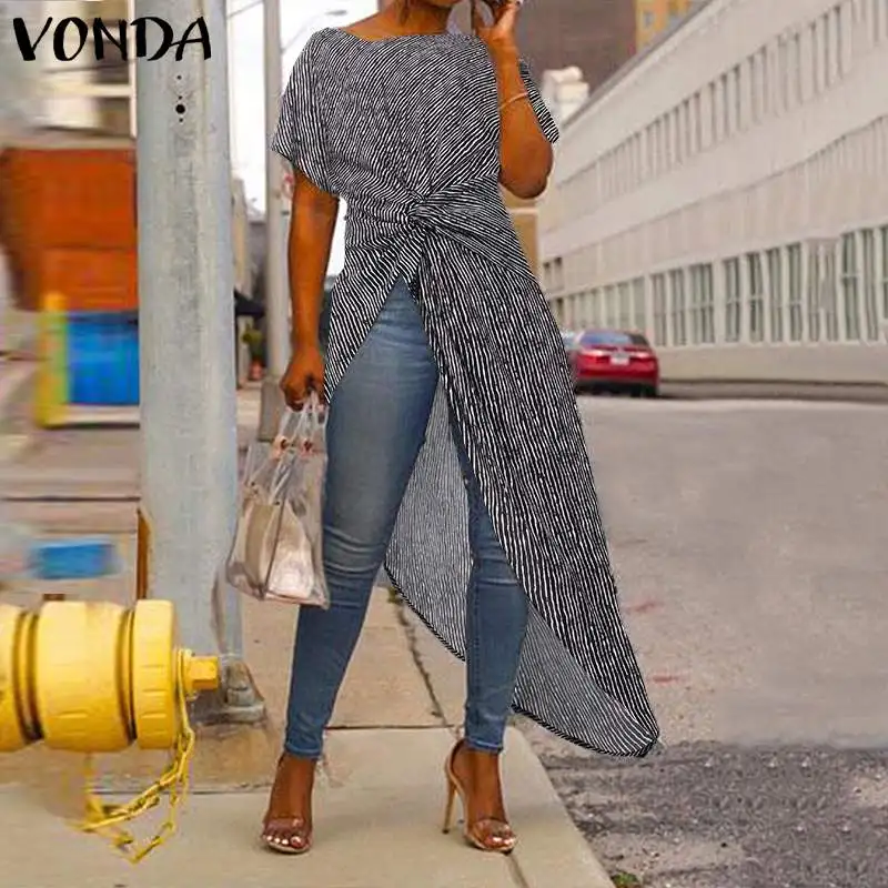 Асимметричные топы, женская блузка, лето, VONDA, сексуальные, с разрезом, в полоску, с принтом, с коротким рукавом, богемные блузы, большие размеры