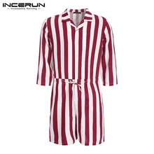 Мужской комбинезон в полоску, 3/4 рукав, лацканы, пуговицы, уличная одежда, повседневный комбинезон, модные штаны, мужской комбинезон, комбинезон, INCERUN, S-5XL