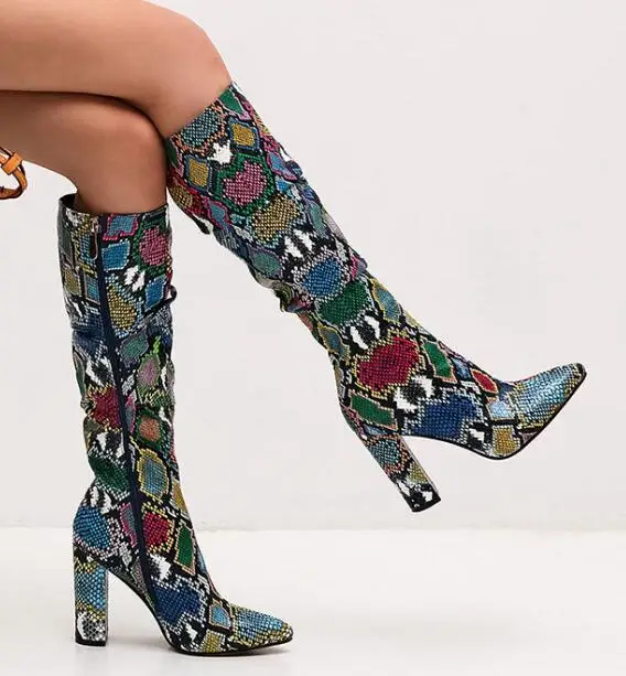 fashion woman colorful snake print chunky high heel pointed toe knee high boots woman