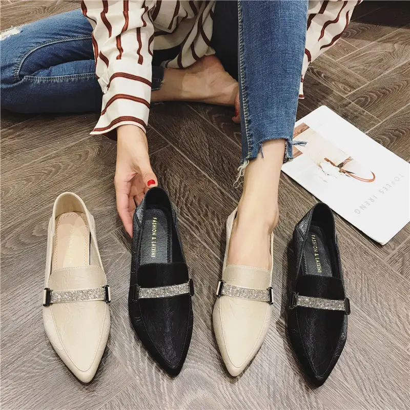 Pointed toe crystal woman flats solid leather brief soft bottom shoes college student rhinestone loafers slip on shallow moccasins
