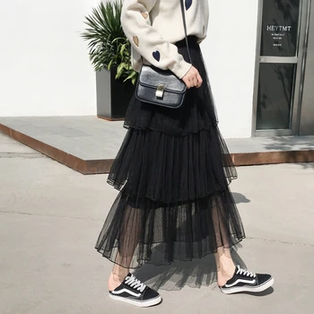 

Women 2020 New High Waist Ruffled Vintage Tiered Tulle Pleated Skirt Black Pink Cake Layered Long Mesh Skirts Spring and Summer