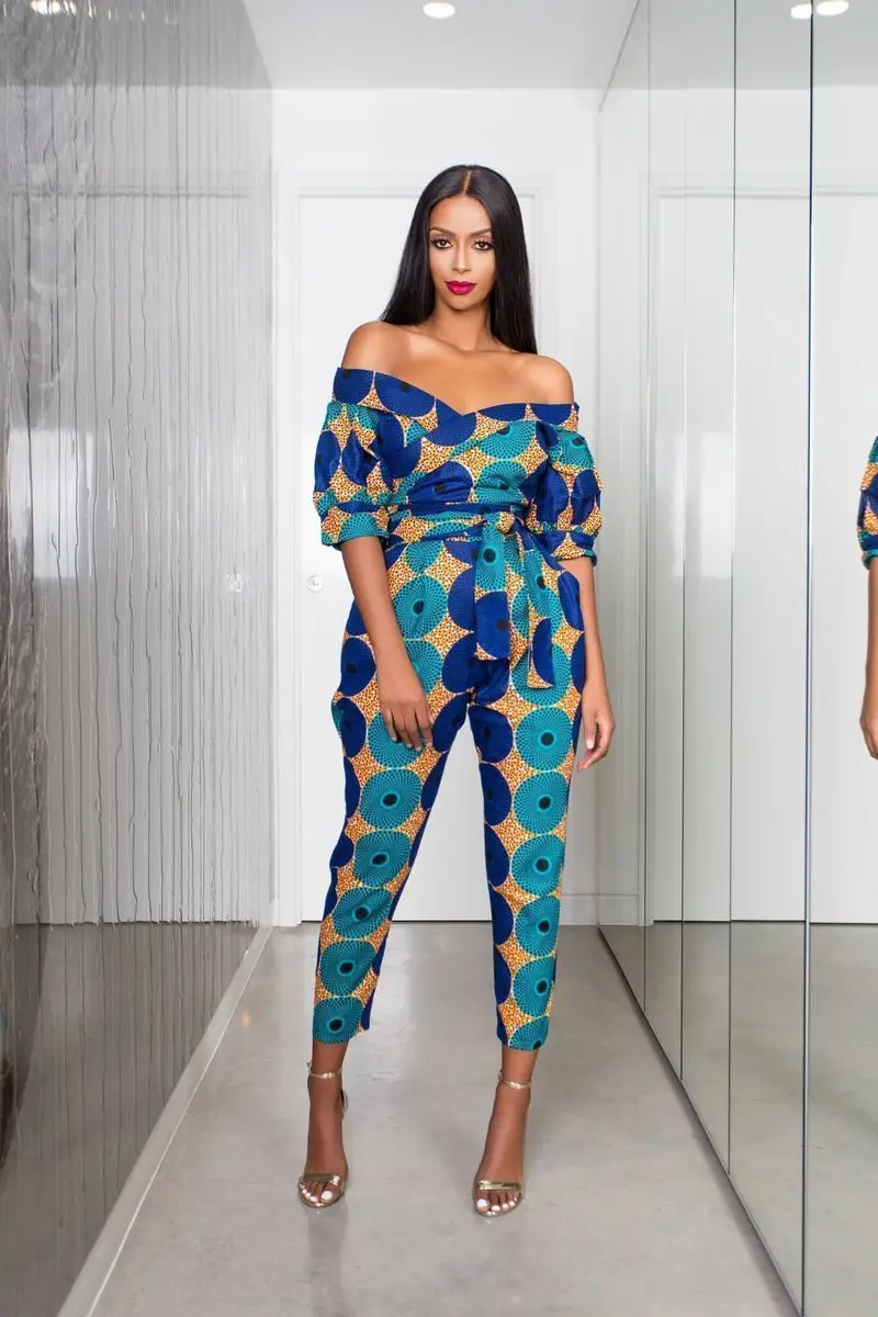 african fashion style New Summer African Printing Jumpsuit For Women Fashion Lantern Sleeves Off Shoulder Ankara Style Trousers Casual Lady Jumpsuit african outfits