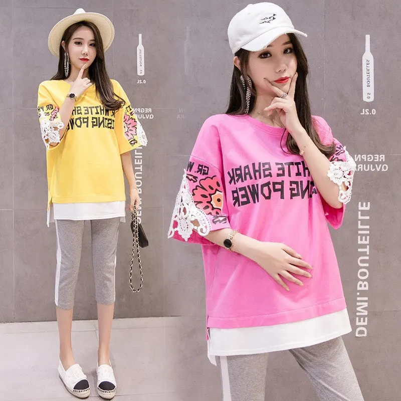 

2019 Summer Wear Fashion Models Set Mock Two-Piece Printed Mid-length Maternity Top Capri Maternity Pants Two-Piece Set