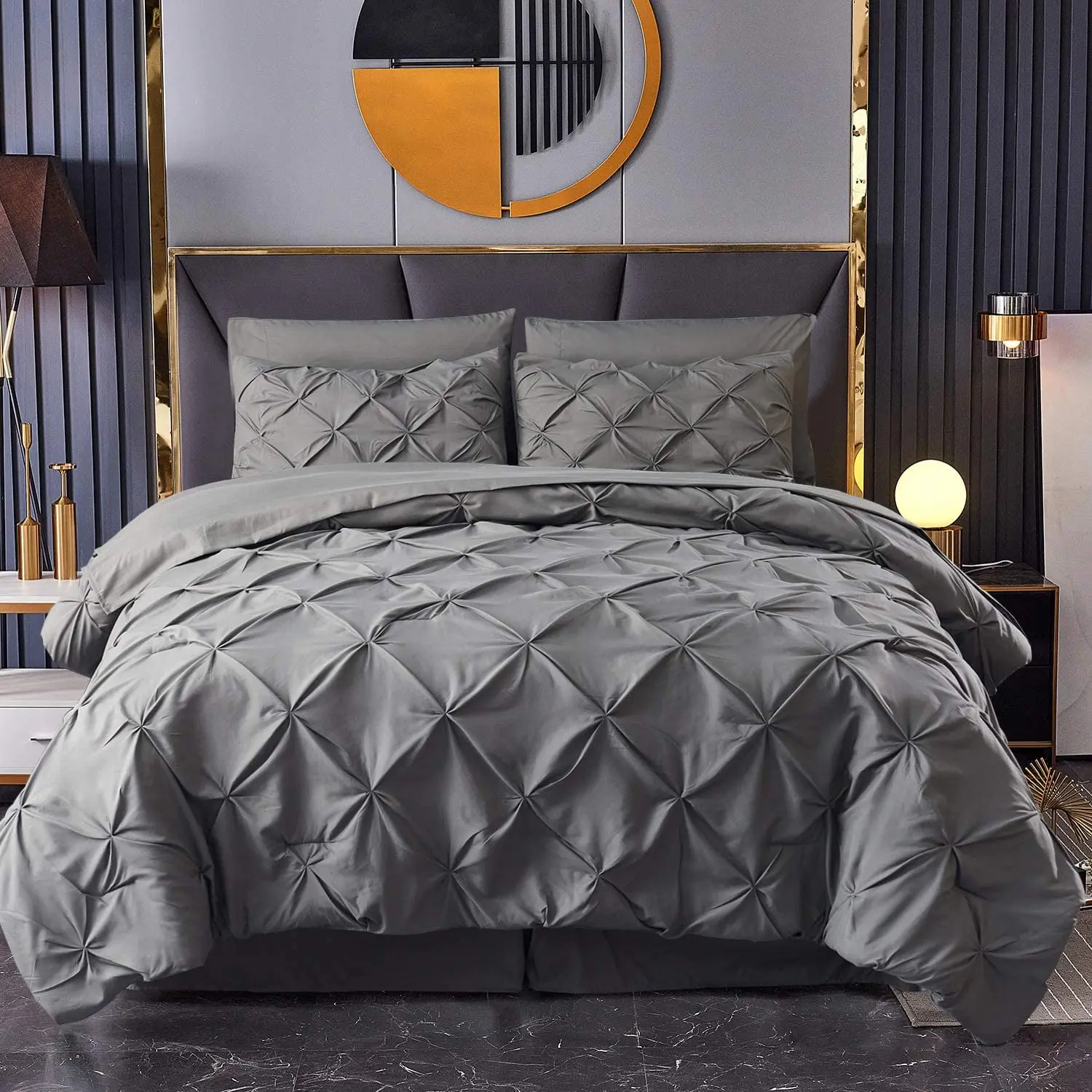 Luxury Pintuck Pleated Duvet Cover Bedding Set Grey Silver White Bed Linen 