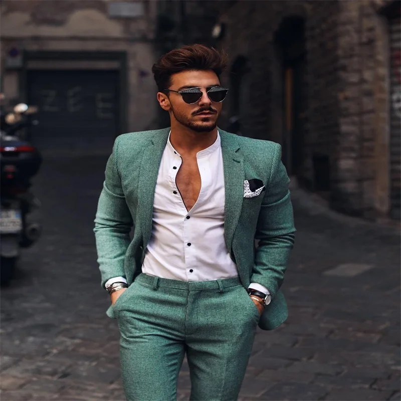 Abito da uomo verde gessato Gentleman 2 pezzi (cappotto + pantaloni)  risvolto con visiera Slim Fit Leisure Business vendita calda abito  monopetto|Suits| - AliExpress