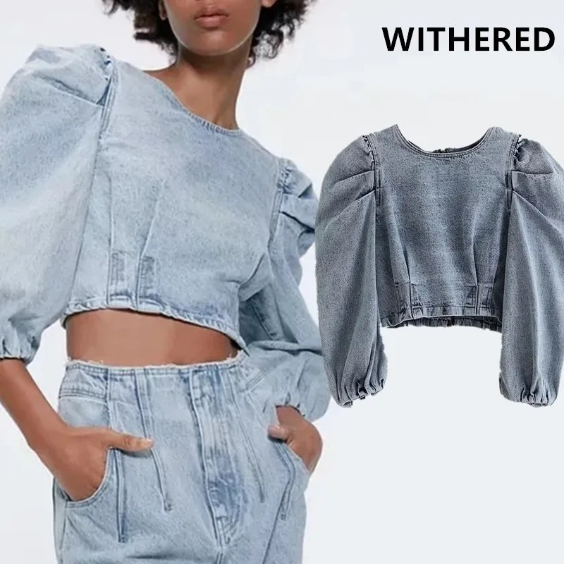 Withered england high street vintage puff sleeve short denim shirt women blusas mujer de moda shirt womens tops and tshirt