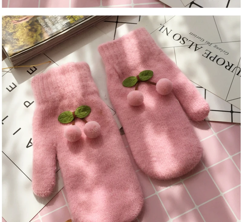 Women Winter Cute Lovely Keep Warm Mittens Full Finger Knitting Gloves Cherry Plus Velvet Inside Thicken Windproof Soft Female