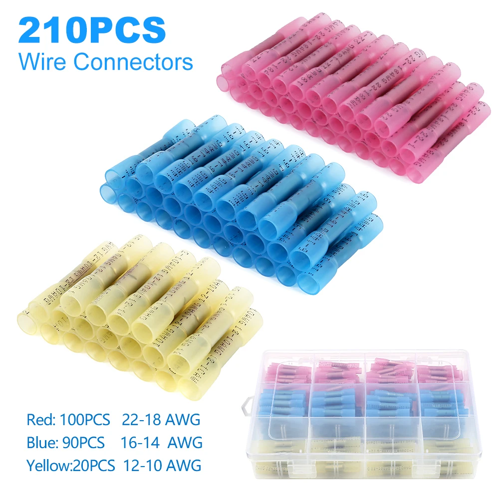 

210pcs Insulated Heat Shrink Butt Auto Connectors Terminals Waterproof Electrical Wire Splice Cable Crimp Terminal AWG 22-10 Set