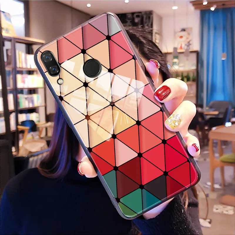 

Manderm Cute Phone Case For Xiaomi Redmi Note 7 Multi-colored Grid Tempered Glass Wrist Strap Shiny Rainbow Case