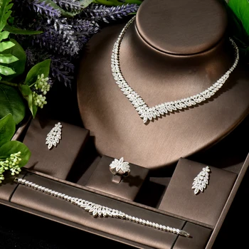 HIBRIDE Luxury Leaf Design Statement Jewelry Set For Women Wedding Cubic Zircon CZ African Dubai Bridal Jewelry bijoux N-1914