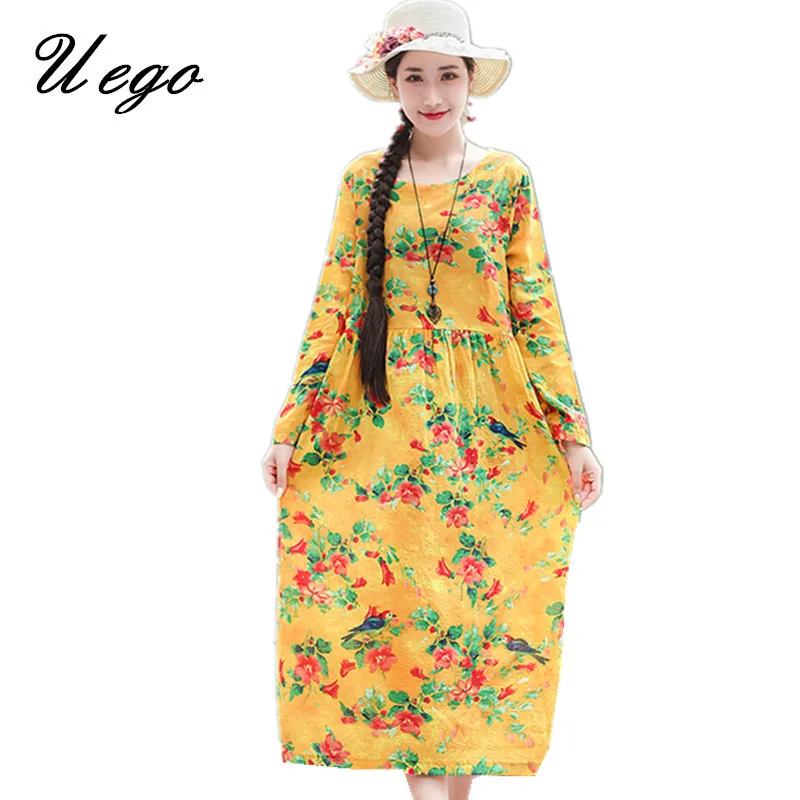 

Uego 2019 New Arrival Long Sleeve Autumn Dress Print Floral Soft Cotton Linen Vintage Dress Plus Size Women Casual Midi Dress