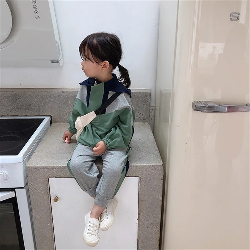 Kids boys color blocking sports sets for kids cute girls patchwork hoodies+ sports pants 2pcs sets kids clothing sets