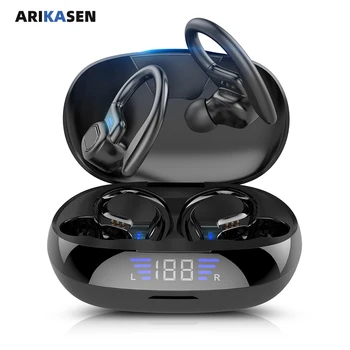 

Arikasen Bluetooth earphones TWS Bluetooth 5.0 true wireless earbuds with earhook LED Charging case microphone Sport headphones