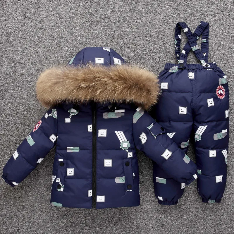 Children Duck Down Jacket+Pants Baby Winter Ski Wear Boy Girl Clothes Set Infant Winter Coat Jumpsuit Baby Boy Parka Snowsuit - Цвет: Navy Blue