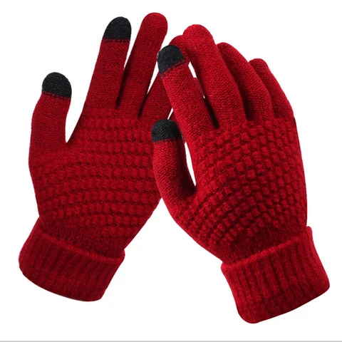 Warm Knitted Full Finger Plush Gloves Solid Jacquard Touch Screen Mittens Women Winter Thick Driving Gloves Female