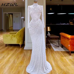 White Glitter Sequined Mermaid Evening Dresses High Neck Ruched vestidos de fiesta Custom Made  Long Sleeve Prom Dress Formal