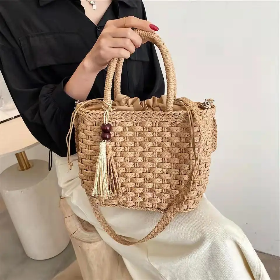 Tecido balde de palha sacos de ombro saco crossbody designer de bolsa feminina viagem praia palha férias verão tricô tote