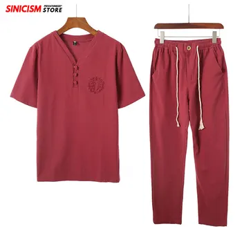 

Sinicism Store Cotton Linen Embroidery Men's Sets Spring Summer Tracksuit Men 2020 Casual Pants Suit Chinese Style Male Clothes