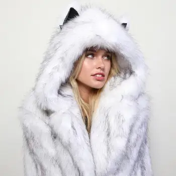 

Luxury Women Winter Long Sleeve Faux Fur Thick Ears Hood Plus Size Warm Coat Winter Thick Hooded Faux Fur Jacket Luxury Coats