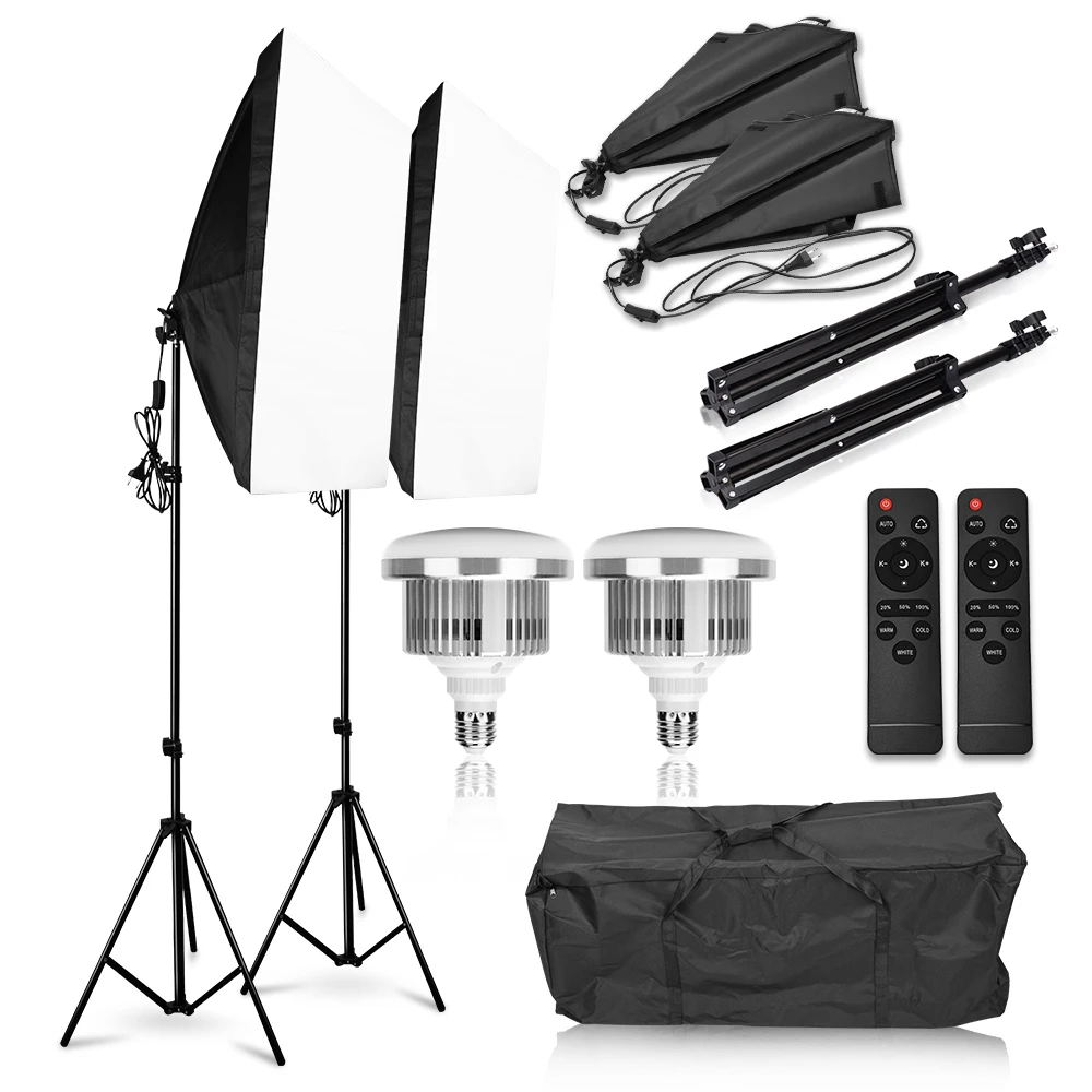 

Photography Softbox Lighting Kit 85W 5500K-3200K Dimmable LED Video Light Softbox with Wireless Remote Control 2m Light Stand