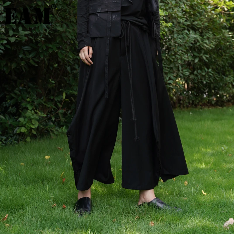 

[EAM] High Elastic Waist Black Split Strap Trousers New Loose Fit Wide Leg Pants Women Fashion Tide Spring Autumn 2019 1A287