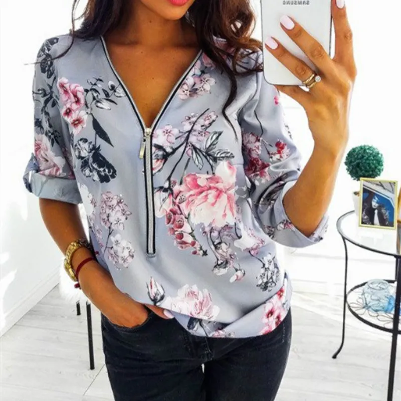 Litthing Women Blouses and Shirt 2019 Casual Lady Front Zipper V Neck Blouse Loose Floral Print long sleeve Shirt Camisa Feminin