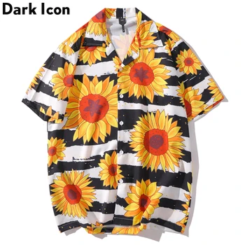 

Dark Icon Sun Flower Printed Stripe Shirts Short Sleeve Men Summer Tropical Shirts Casual Fashion Men' Shirts