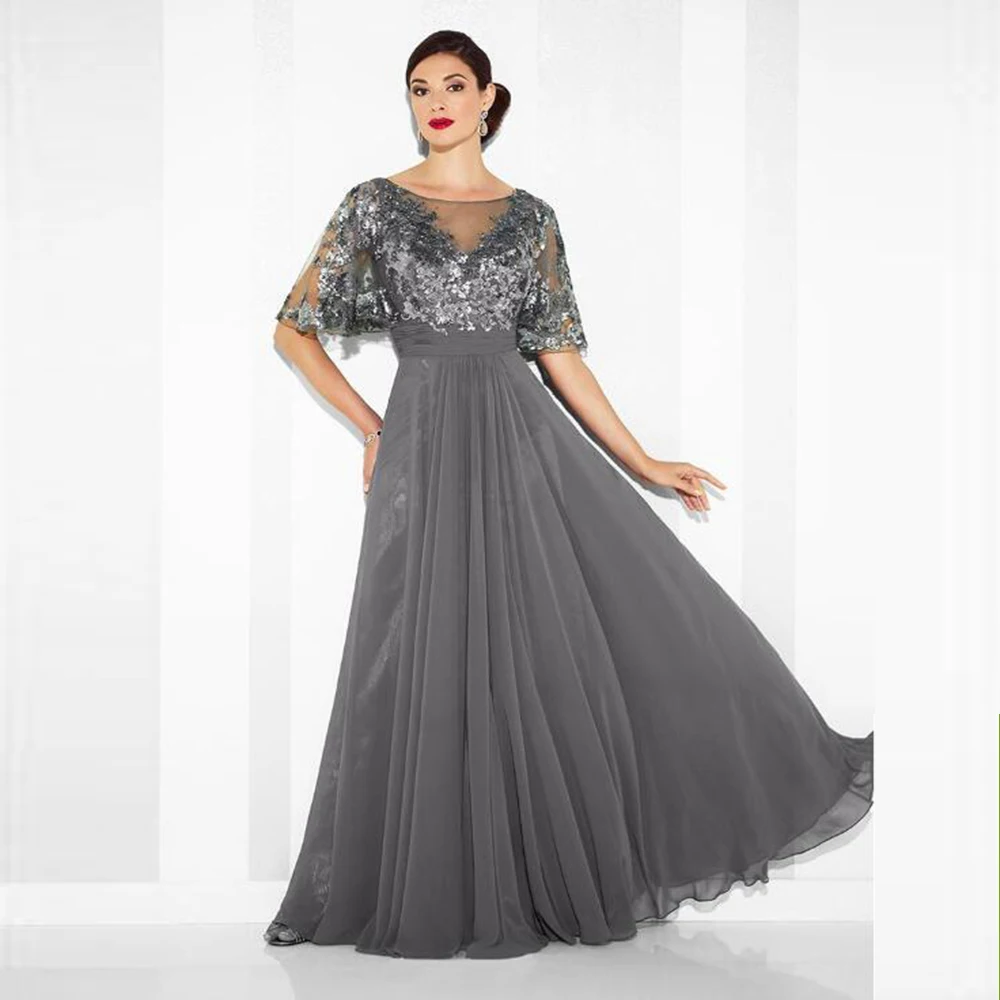 Charming Gray Sequined Boat Neck Half Sleeve Mother of the Bride Dresses...